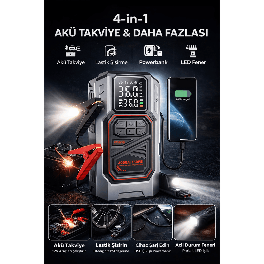 4'ü 1 Arada Akü Takviye Cihazı - Kompresör, Powerbank, LED Fener - Terapio