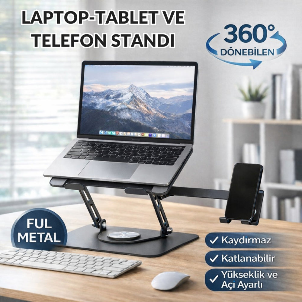 Polham 360° Döner Metal Laptop Stand - Ayarlanabilir Ergonomik Tablet Telefon Masaüstü Standı