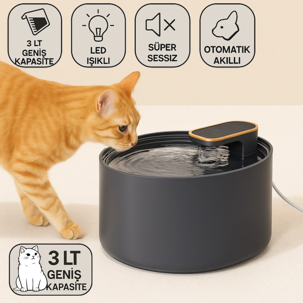 Polham LED Işıklı Sessiz Otomatik Kedi Su Pınarı 3Lt - Akıllı Pet Su Kabı