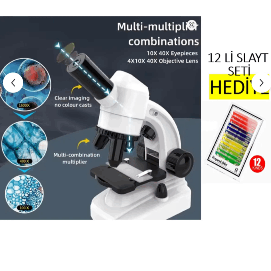 1600X Mikroskop Seti - Telefon Tutuculu, LED Işıklı, 12'li Örnek Setli Eğitici Oyuncak