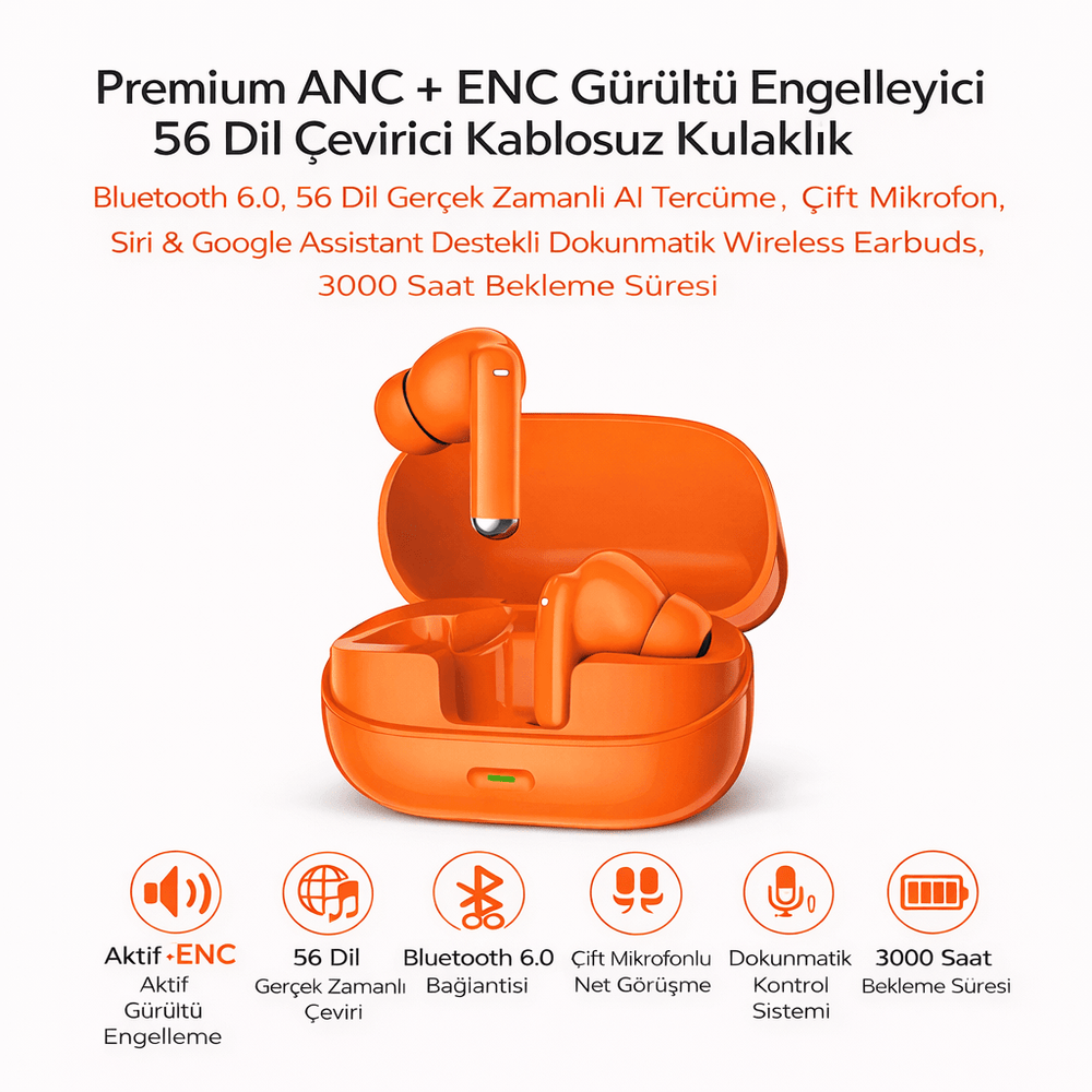 Terapio 56 Dil Çevirici Bluetooth Kulaklık ANC+ENC Gürültü Engelleyici 3000 Saat Bekleme