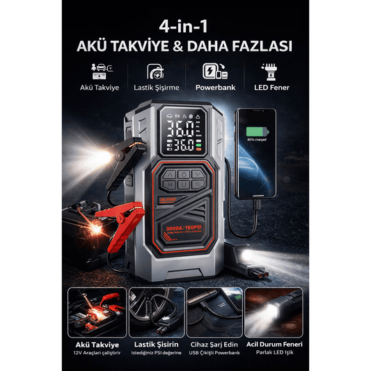 4'ü 1 Arada Akü Takviye Cihazı - Kompresör, Powerbank, LED Fener - Terapio