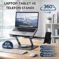Polham 360° Döner Metal Laptop Stand - Ayarlanabilir Ergonomik Tablet Telefon Masaüstü Standı