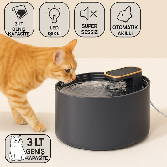 Polham LED Işıklı Sessiz Otomatik Kedi Su Pınarı 3Lt - Akıllı Pet Su Kabı