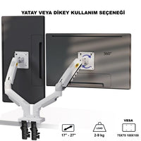 TriLine NB F160 Çift Kol Monitör Standı - Amortisörlü Vesa Tutucu 17-27 İnç Beyaz