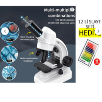 1600X Mikroskop Seti - Telefon Tutuculu, LED Işıklı, 12'li Örnek Setli Eğitici Oyuncak