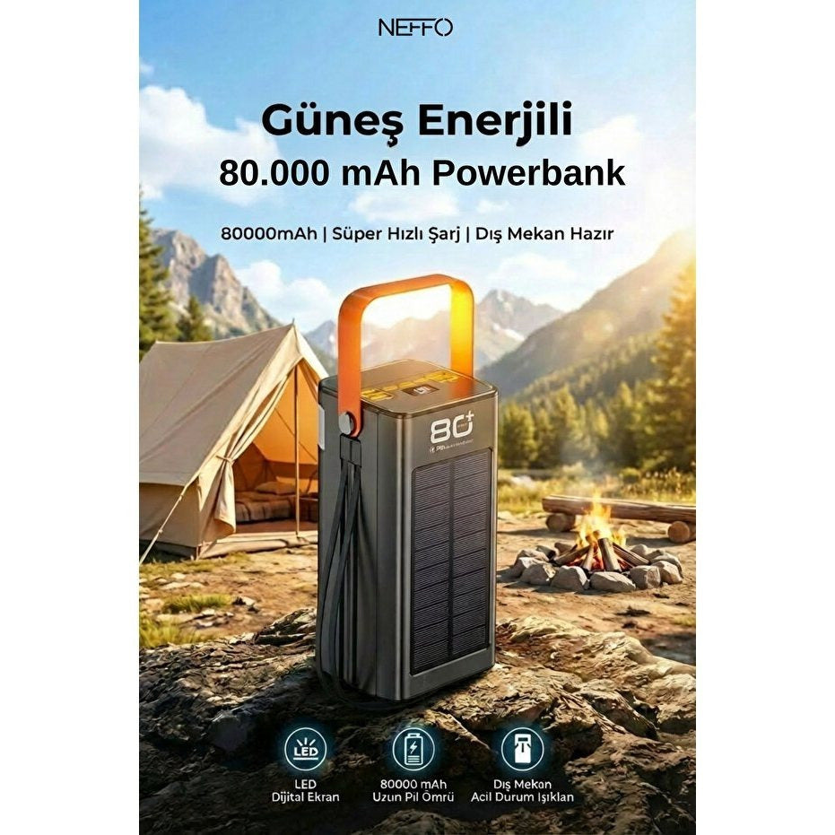 80000 mAh Güneş Enerjili Powerbank LED Fenerli Kamp Şarj Aleti 22.5W Hızlı Şarj