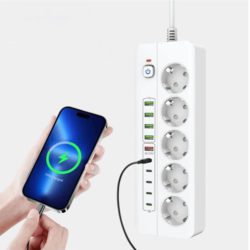 Isıya Dayanıklı Power Tuşlu 5'li Grup Priz 5x USB 5x Type-C Çıkışlı 2mt Kablolu Terapio
