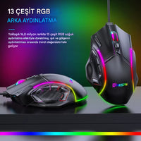 RGB Işıklı 12 Tuşlu Oyuncu Mouse 12800 DPI - Ergonomik Gaming Fare Terapio