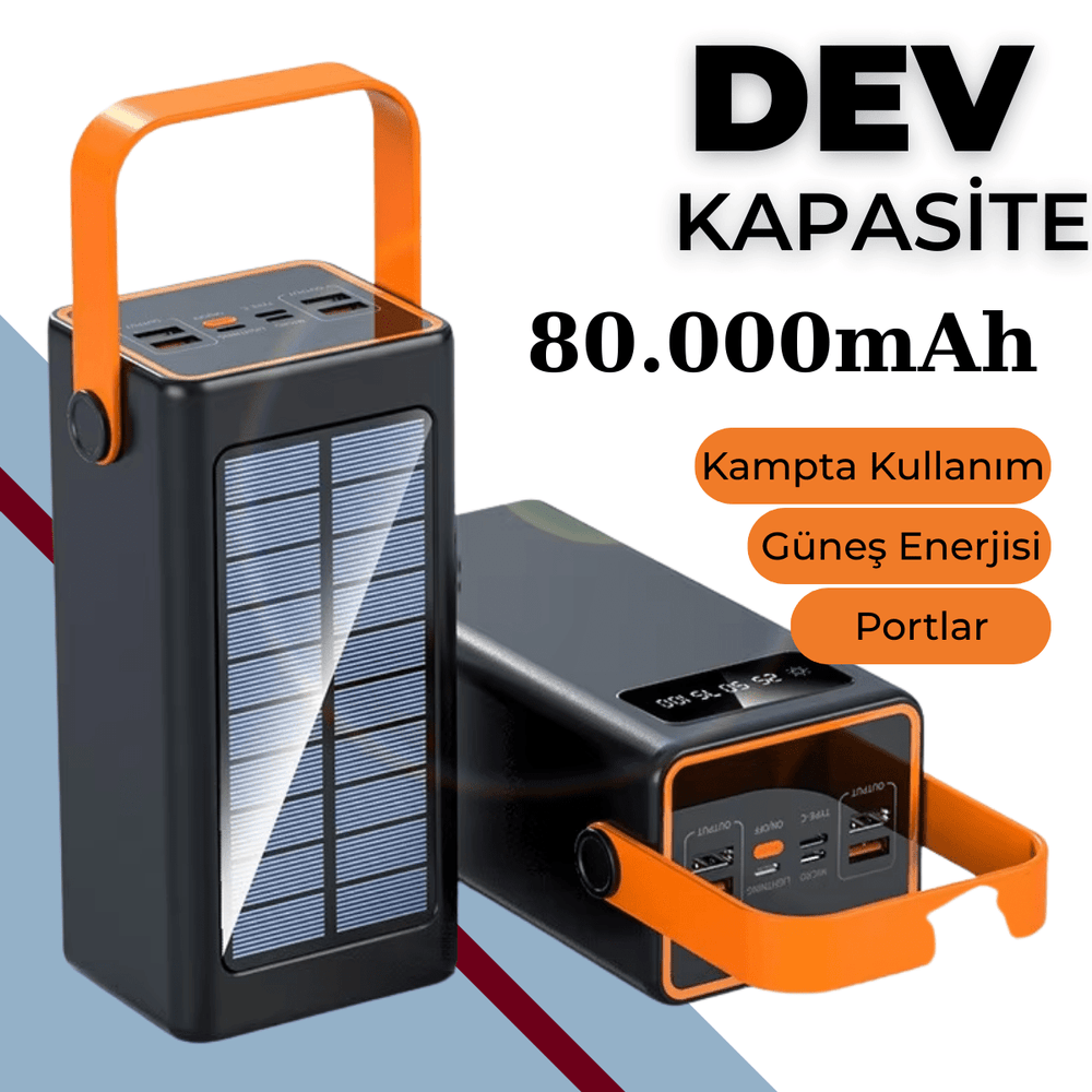 Taşınabilir Powerbank 80000mAh Güneş Enerjili Fenerli - Kamp Şarj Cihazı Terapio