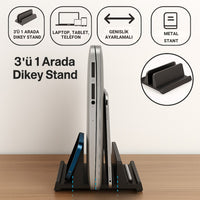Polham 3in1 Ayarlanabilir Metal Laptop Standı - Telefon Tablet Tutucu Dikey Stand