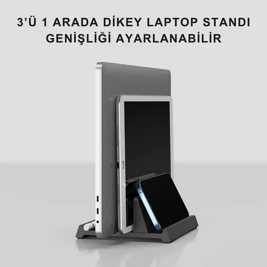 Polham 3in1 Ayarlanabilir Metal Laptop Standı - Telefon Tablet Tutucu Dikey Stand