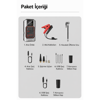 4'ü 1 Arada Akü Takviye Cihazı - Kompresör, Powerbank, LED Fener - Terapio