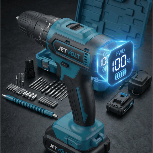 Jetvolt 12V Akülü Vidalama Matkap - LCD Ekranlı, 2 Bataryalı Kömürsüz Şarjlı Darbeli Matkap