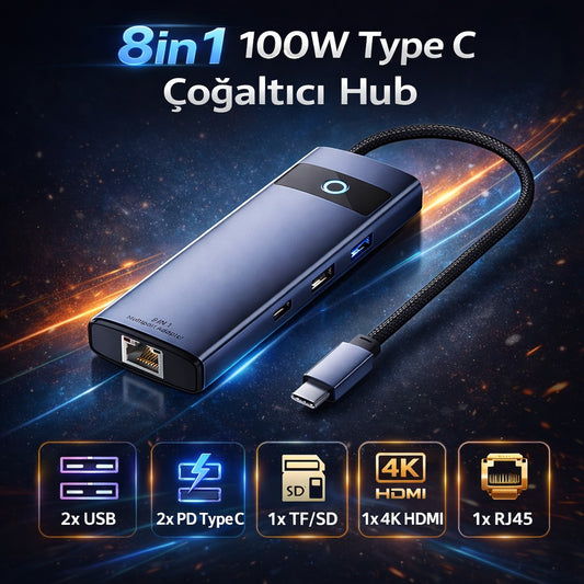 Coofbe 8in1 Type-C Hub PD 100W HDMI 4K USB 3.0 Ethernet Dönüştürücü Adaptör