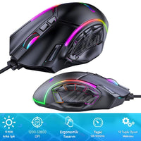 RGB Işıklı 12 Tuşlu Oyuncu Mouse 12800 DPI - Ergonomik Gaming Fare Terapio