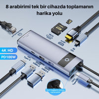 Coofbe 8in1 Type-C Hub PD 100W HDMI 4K USB 3.0 Ethernet Dönüştürücü Adaptör