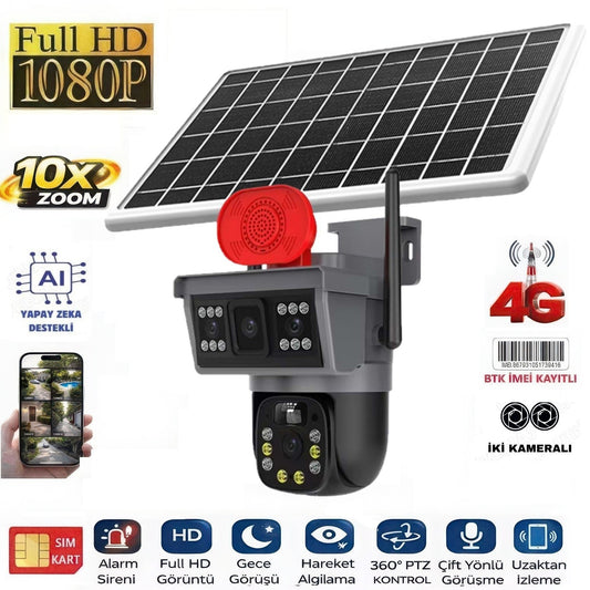 2 Kameralı Solar Güvenlik Kamerası - Sim Kartlı Bataryalı Full HD 128GB Akıllı Sistem