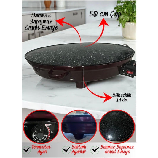 Terapio 2000W Elektrikli Termostatlı Sac 50cm - Ekmek Gözleme Börek Katmer Granit Emaye