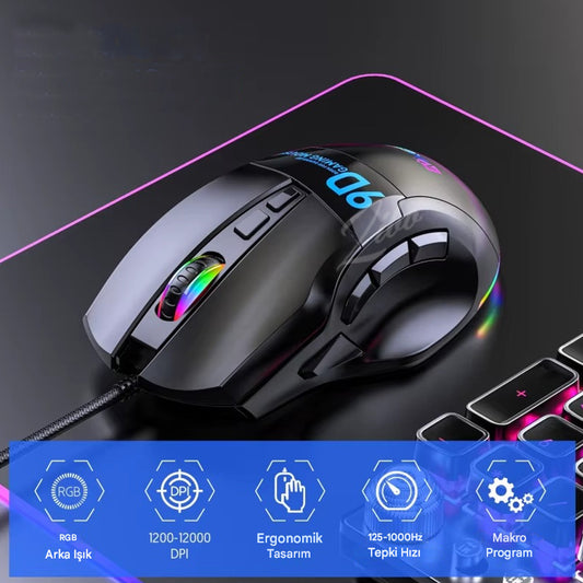 Terapio 9 Tuşlu RGB Gaming Mouse - DPI Ayarlı Ergonomik Oyuncu Faresi Makro Destekli