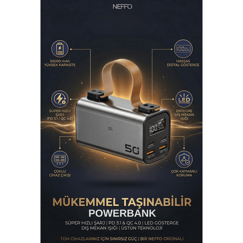 Terapio 50.000mAh Powerbank PD100W Hızlı Şarj | QC3.0 LED Ekranlı Taşınabilir Şarj Aleti