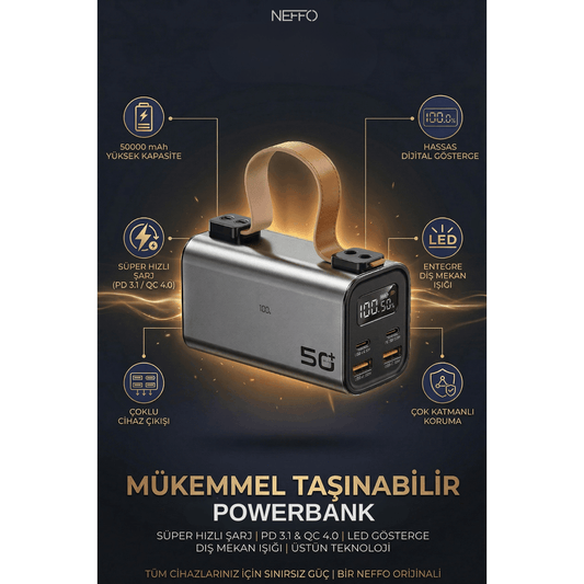 Terapio 50.000mAh Powerbank PD100W Hızlı Şarj | QC3.0 LED Ekranlı Taşınabilir Şarj Aleti